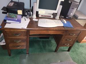 lot 68K image: Vintage Solid Wood Office Desk with Brass Handles
