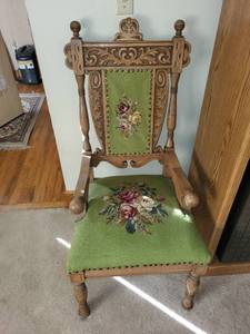 lot 71K image: Vintage Carved Wood Armchair with Floral Needlepoint Upholstery
