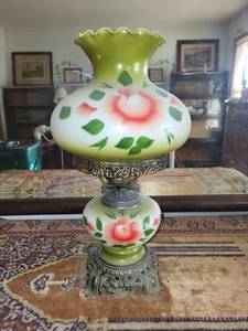 lot 74K image: Vintage Hand-Painted Glass Hurricane Lamp with Floral Motif