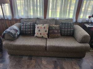 lot 88K image: Upholstered Sofa with 3 Matching Cushions and Assorted Accent Pillows