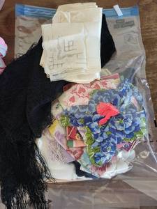 lot 131B image: Collection of Vintage Ladies Handkerchiefs, Scarves, and Embroidered Pajama Set