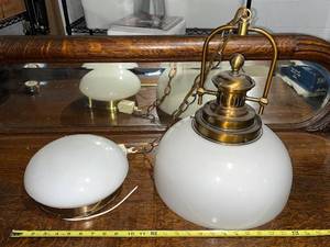 lot 5B image: Pair of Vintage White Glass and Brass Ceiling Light Fixtures