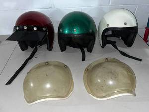 lot 8B image: Set of 3 Vintage Motorcycle Helmets with 2 Face Shields