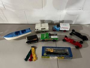 lot 29B image: Vintage Toy Vehicle Collection with HO Scale Train Engine and Accessories