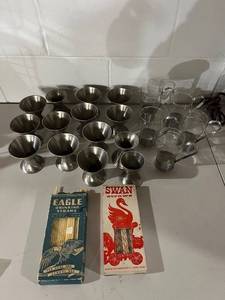 lot 70B image: Vintage Set of Stainless Sherbet Cups, Metal Base Glass Mugs, and 2 Boxes of Vintage Straws
