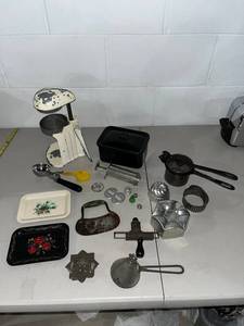lot 71B image: Vintage Kitchenware Collection with Juicer, Trays, Utensils and Tins