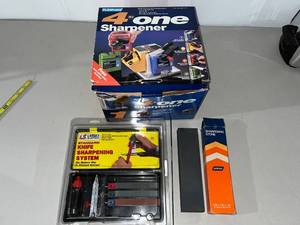 lot 72B image: Sharpening Lot Plasplugs 4-in-1 Sharpener, Lansky Knife Sharpening System, Norton Sharpening Stone
