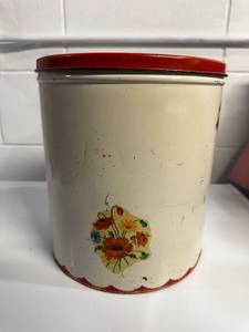 lot 32B image: Vintage Floral Metal Kitchen Canister with Red Lid