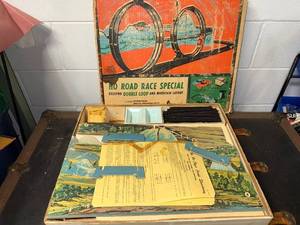 lot 47B image: Vintage HO Road Race Special Slot Car Set with Accessories and Original Box