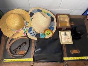 lot 54B image: Vintage Accessories Lot with Hats, Leather Purse, Belt, Perfume, and Top Hat Cologne
