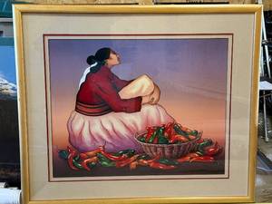 lot 64 image: Framed Southwestern Artwork of Woman with Basket of Peppers, 33x37in
