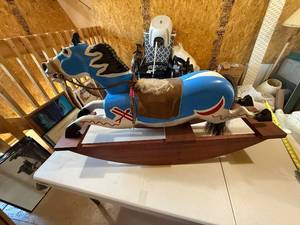 lot 67 image: Handcrafted Blue Painted Rocking Horse Signed by Artist 1992