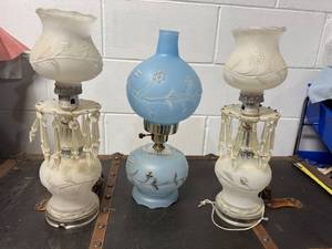 lot 68B image: Set of 3 Vintage Frosted and Blue Glass Table Lamps with Embossed Floral Design