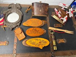 lot 98B image: Vintage Americana Decor Lot with Patriotic Mirror, Wooden Plaques, Flags, and Leather Pouch