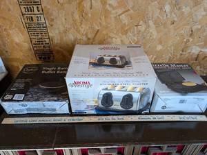 lot 24 image: Small Kitchen Appliances Lot Stainless Toaster, Deep Fryer, Buffet Range, Pizzelle Baker - New in Boxes