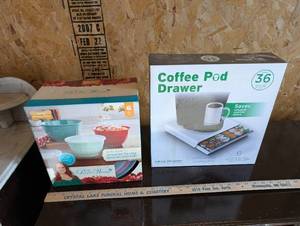 lot 25 image: Pioneer Woman Melamine Bowl Set with Lids and Coffee Pod Drawer Organizer New in Box