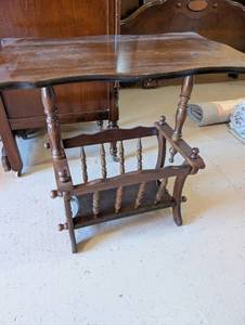 lot 41 image: Vintage Wood Magazine Rack Side Table with Curved Edge Top