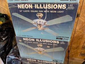 lot 48 image: Set of 2 King of Fans Neon Illusions 52 Inch Lucite Ceiling Fan with Neon Light, Unopened
