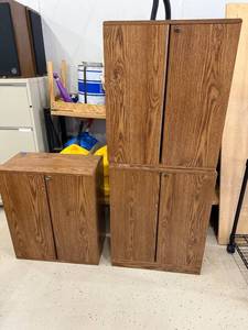 lot 196 image: Set of 3 Wooden Office Storage Cabinets with Shelves