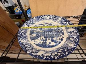 lot 201 image: Sanki Japan Blue and White Decorative Plate 15 Inch Farmhouse Scene