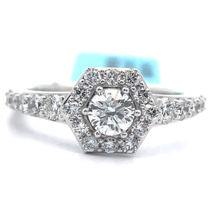 lot 14 image: NEW 1 Carat Diamond Art Deco Geometric Halo Ring in 14K White Gold VIDEO