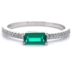 lot 34 image: 0.10 Carat East-West Baguette Emerald & Pav Diamond Stacking Ring in 14k White Gold VIDEO