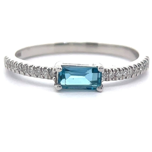 lot 35 image: 0.10 Carat East-West Baguette Blue Topaz & Pav Diamond Stacking Ring in 14k White Gold VIDEO