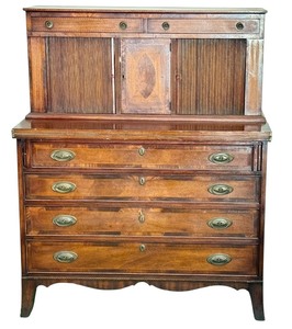 lot 2D image: LR - Vintage New England Hepplewhite Step Back Tambour Flip Top Secretary Desk