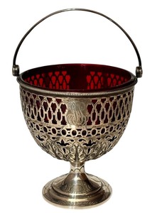 lot 4D image: K - Antique Sterling Silver Basket with Ruby Red Glass Insert
