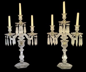 lot 7D image: LR - Pair of Vintage Crystal 3-Arm Candelabra with Prisms