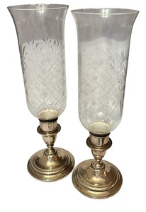 lot 11D image: LR - Pair of Vintage International Sterling Silver Lord Saybrook Candlesticks with Glass Hurricane Shades