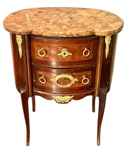 lot 17D image: DR - Antique French Marble-Top Two-Drawer Nightstand with Brass Ormolu