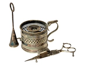 lot 22D image: LR - Vintage Silver Tone Candle Holder with Snuffer and Wick Trimmer Set