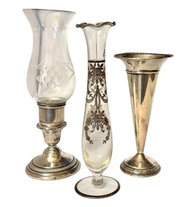 lot 26D image: LR - Set of 3 Vintage Sterling and Glass Vases and Candle Holder