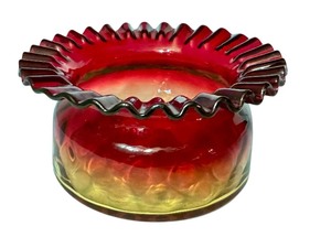 lot 27D image: LR - Antique Amberina Ruffled Edge Art Glass Bowl
