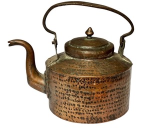 lot 30D image: LR - Antique Middle Eastern Hand-Hammered Copper Kettle with Goose Neck