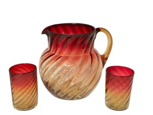 lot 31D image: K - Antique Amberina Optic Pattern Glass Pitcher and Two Tumblers