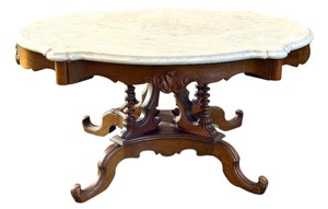 lot 37F image: LR - Antique Victorian Walnut Coffee Table with Marble Top