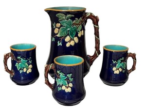 lot 38D image: K - Antique Wedgwood Majolica Pitcher and 3 Mugs Set, Circa 1875