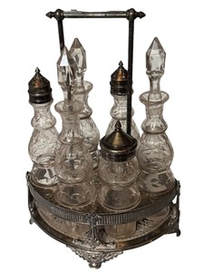 lot 40D image: K - Antique Victorian Silverplate Cruet Set with Etched Glass Bottles