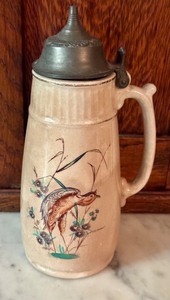 lot 43D image: K - Antique Bennetts Stoneware Syrup Pitcher with Pewter Lid