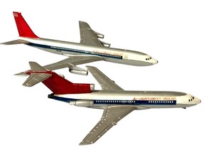 lot 51D image: K - Set of 2 Vintage Aero Mini Northwest Orient Airplanes 727 and 707 1960s Die-Cast Models