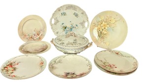 lot 54D image: LR - Vintage Haviland France and MZ Austria Hand Painted Porcelain Dish Set with Covered Vegetable Dish
