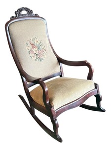 lot 58D image: LR - Antique Victorian Wooden Rocking Chair with Embroidered Backrest