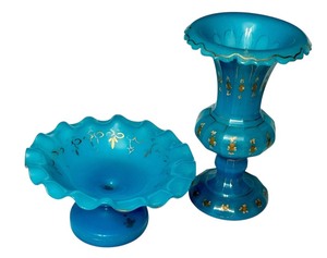 lot 59D image: LR - Antique Victorian Blue Opaline Glass Vase and Ruffled Compote Set