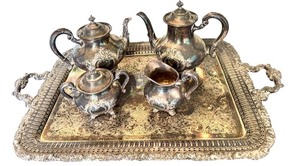 lot 66D image: LR - Reed & Barton Regent Silverplate Tea Set with Hand Chased Tray