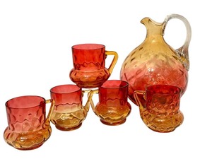lot 70D image: LR - Antique Amberina Glass Pitcher with 5 Matching Handled Glasses
