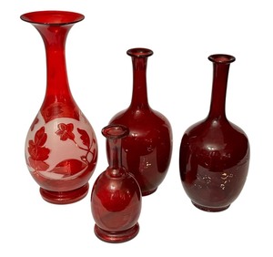 lot 71D image: LR - Set of 4 Antique Ruby Red Handblown Glass Vases and Bottles