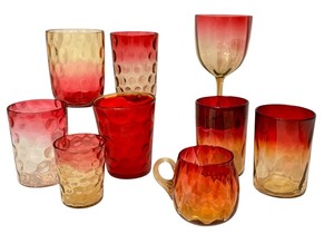 lot 80D image: LR - Set of 9 Antique Amberina Glass Goblets and Tumblers Assorted Patterns