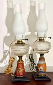 lot 82D image: LR - Pair of Vintage Table Lamps with Hand Painted Bases and Frosted Chimneys